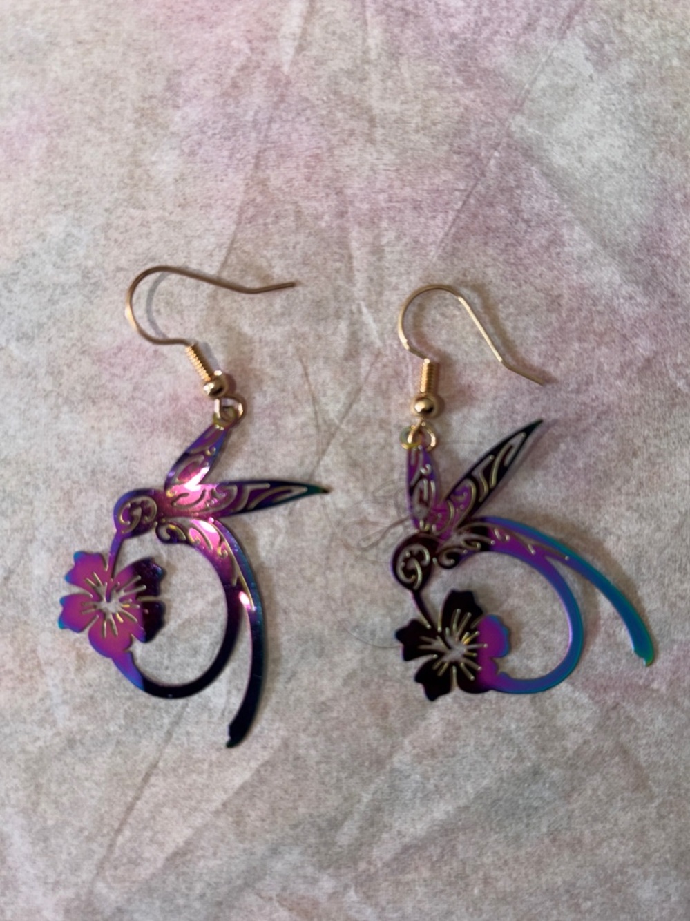 Iridescent Hummingbird Floral Drop Earrings - Pink, Purple & Blue